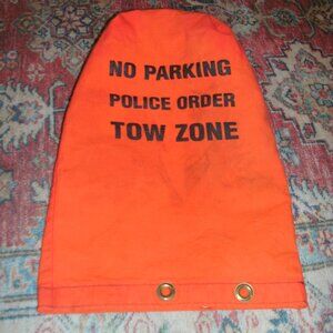 VINTAGE ORANGE CLOTH PARKING METER COVER HOOD ~ NO PARKING POLICE ORDER TOW ZONE